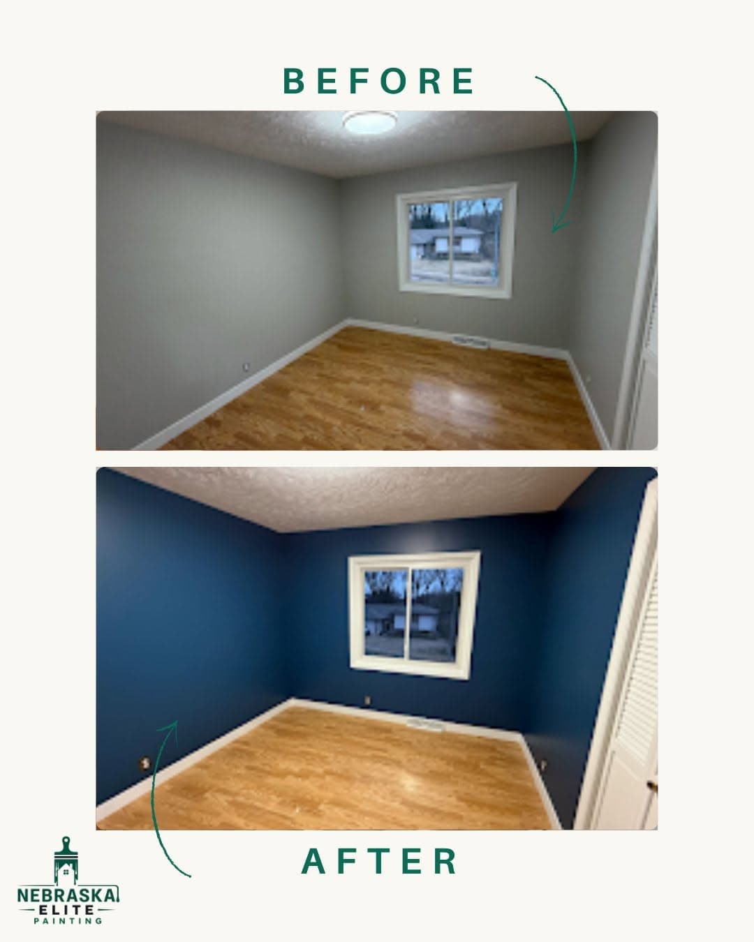 Before and after makeover of a room showcasing new blue walls and improved lighting.