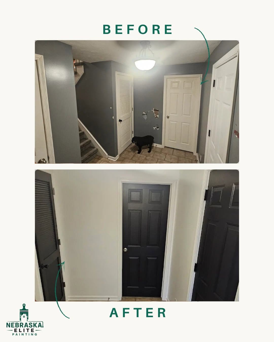 Before and after transformation of a hallway, featuring a dark door and updated paint colors.