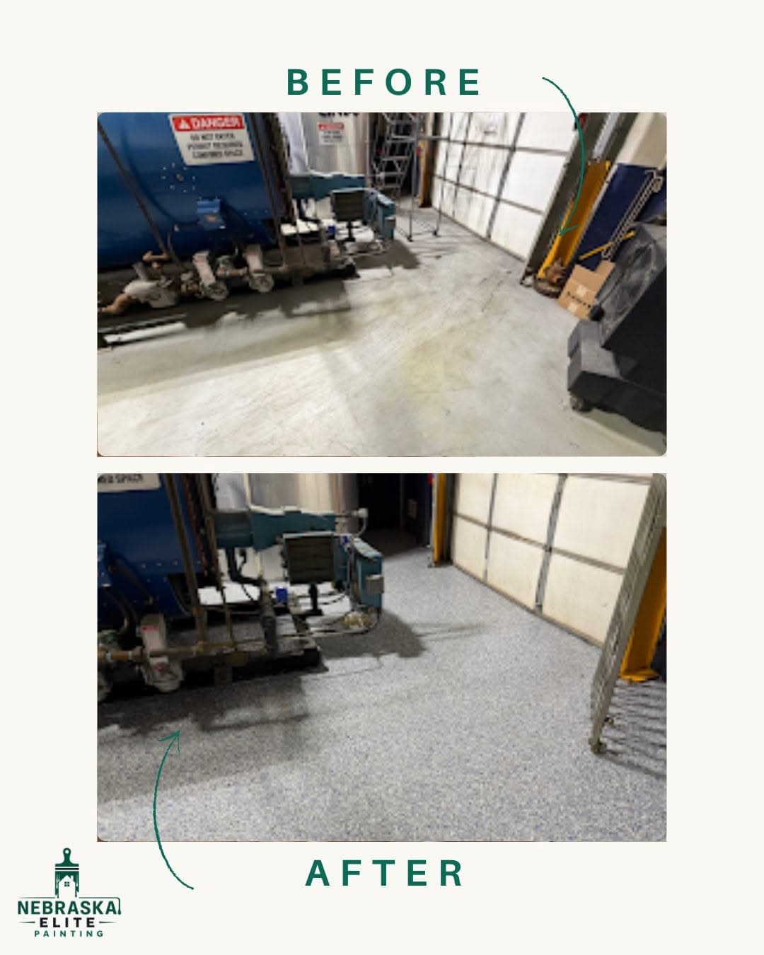 Before and after transformation of a garage floor, showcasing a polished finish. Nebraska Elite Painting.