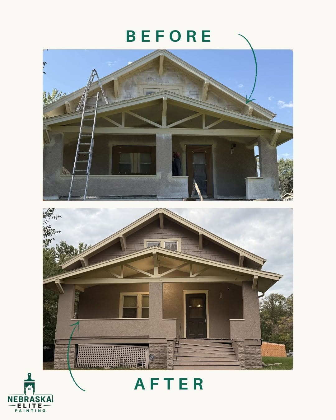 Before and after image of a house exterior renovation by Nebraska Elite Painting.