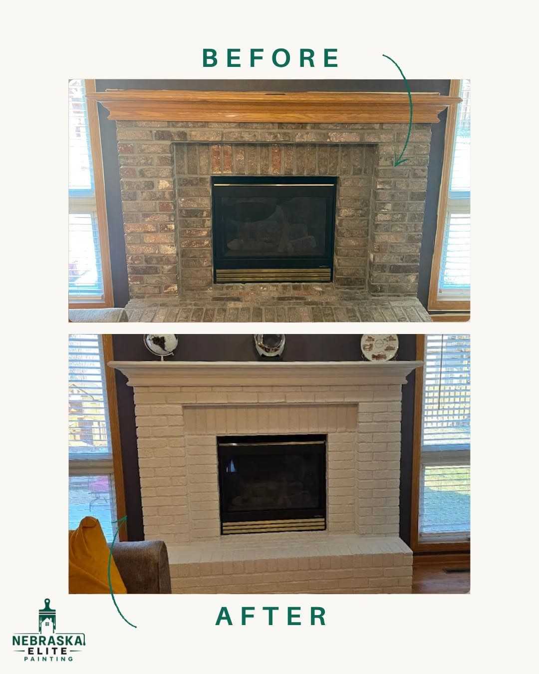 Before and after fireplace renovation showcasing a modern transformation from brick to white.