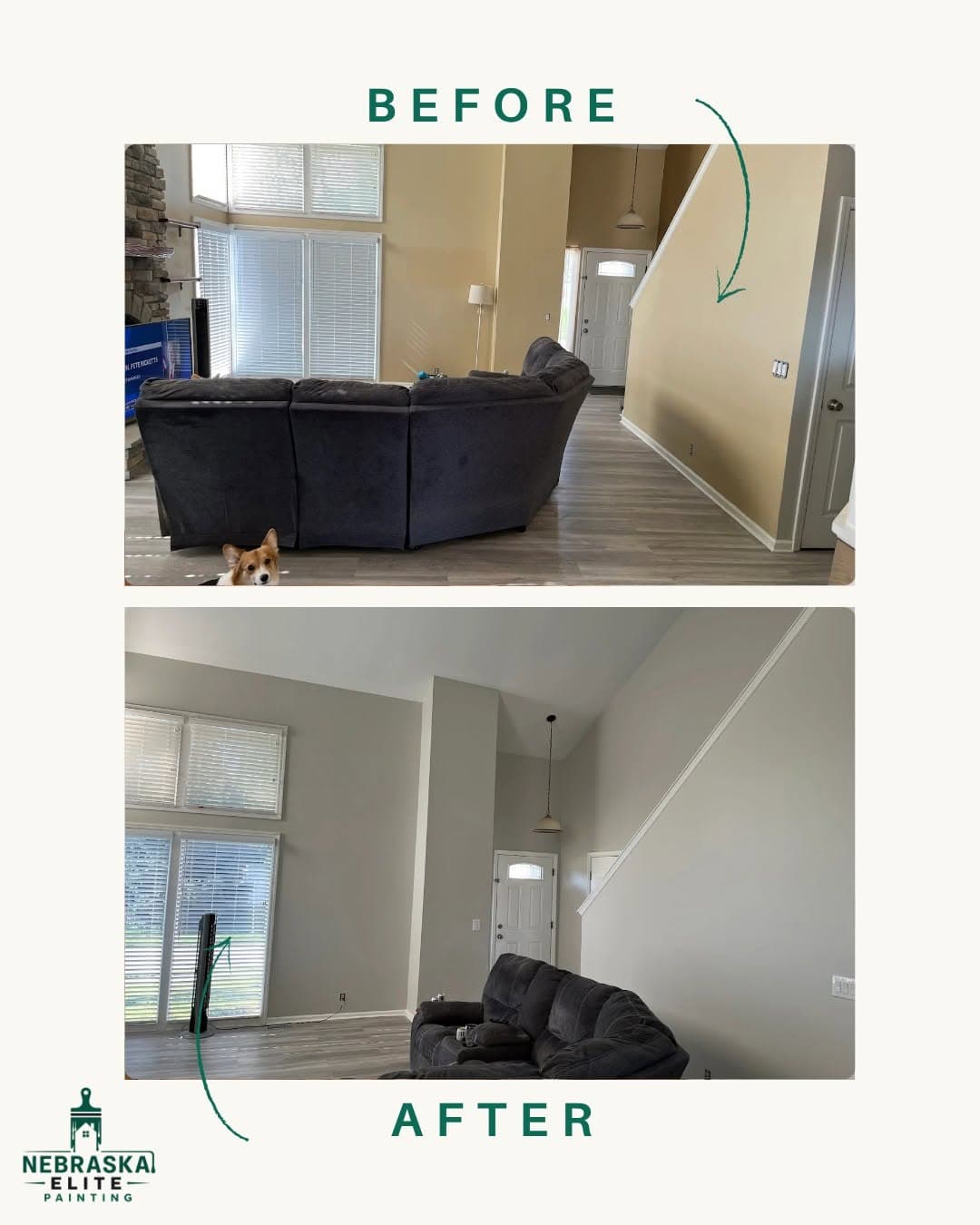Before and after home transformation showcasing a living room with updated paint and decor.