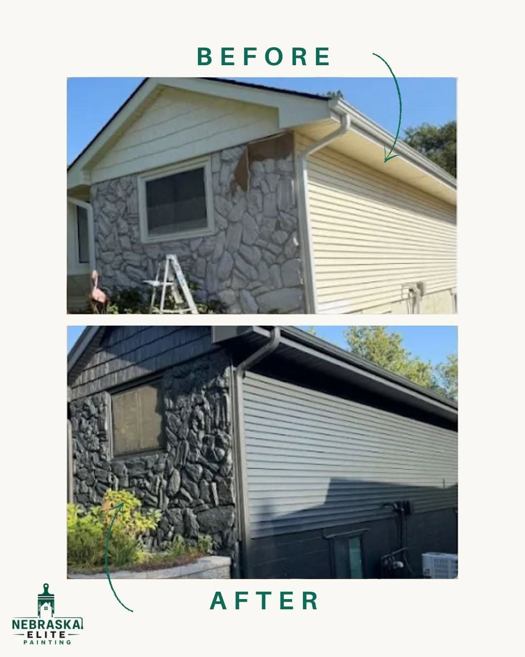 Before and after transformation of a home's exterior, showcasing stone and siding updates.