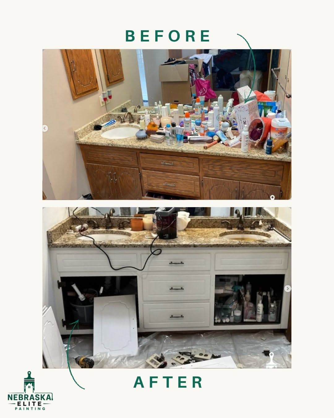 Before and after of a bathroom renovation, showcasing organization and cleanliness improvements.