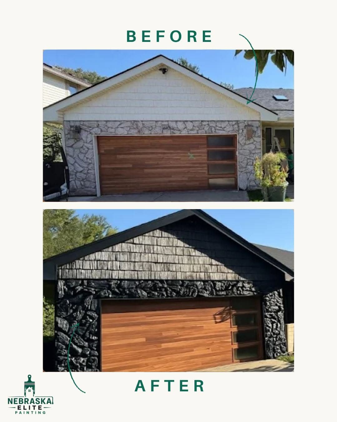 Garage makeover: transformation from stone to sleek wooden design by Nebraska Elite Painting.