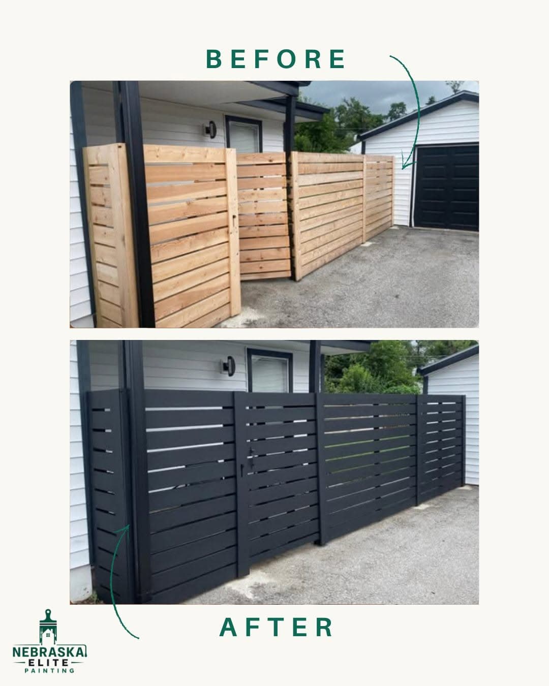 Wooden fence transformation from unfinished to sleek black finish by Nebraska Elite Painting.