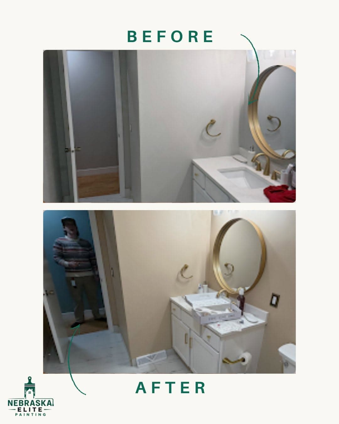 Before and after bathroom renovation showing updated design and fixtures. Nebraska River Painting.