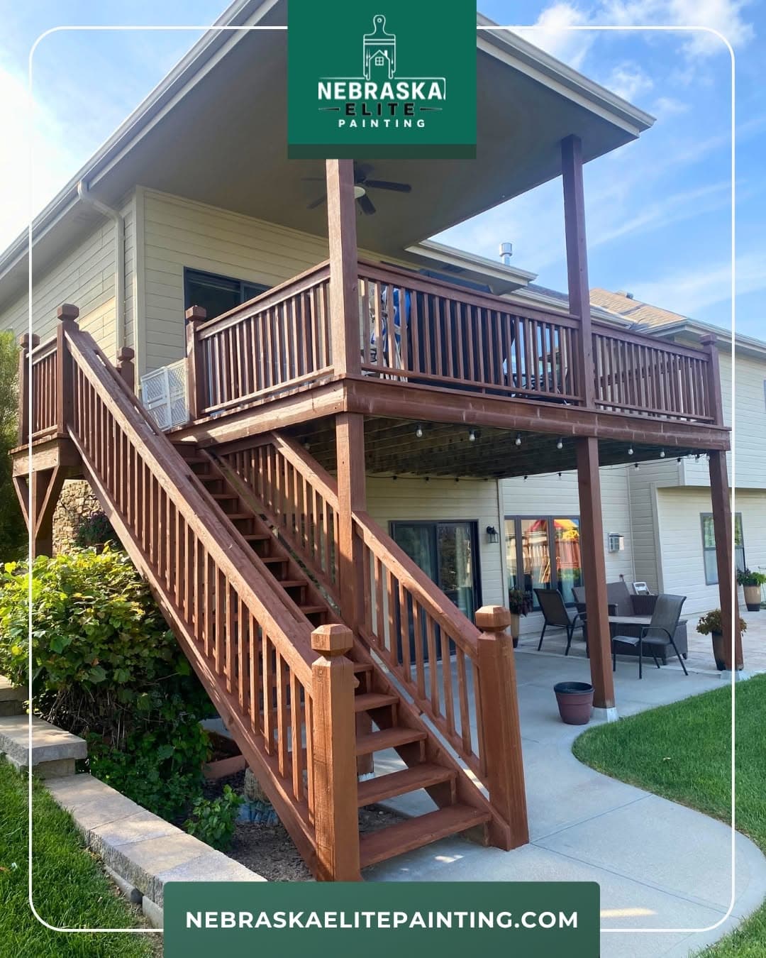 Brown wooden deck with stairs, showcasing Nebraska Elite Painting's craftsmanship.