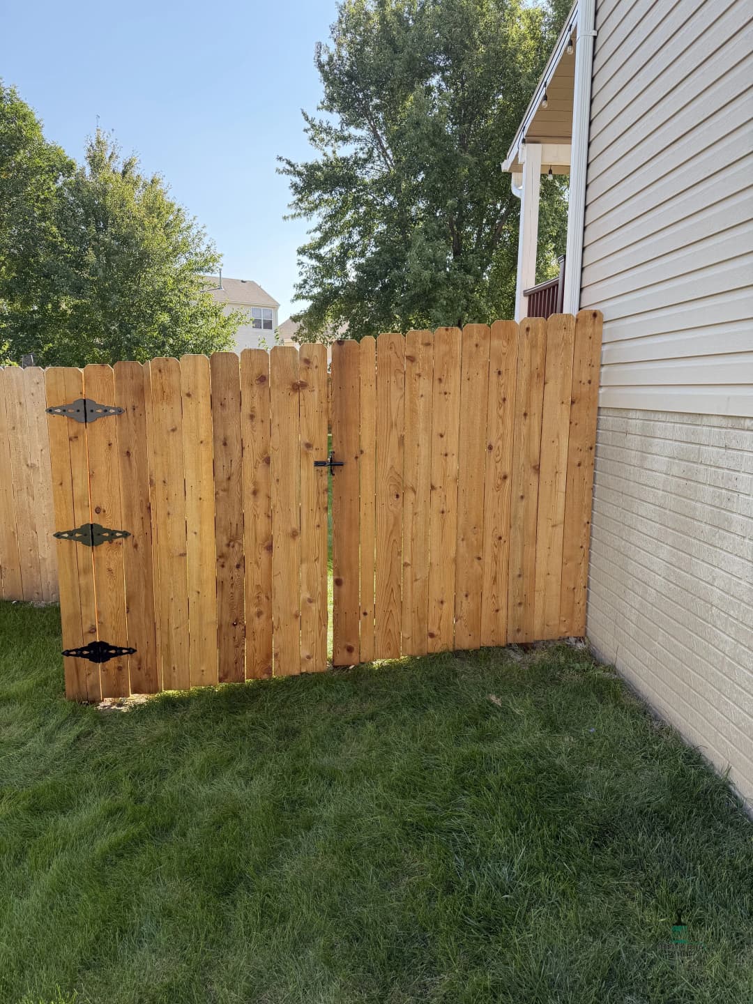 Wooden gate in a fenced yard, with green grass and houses in the background.