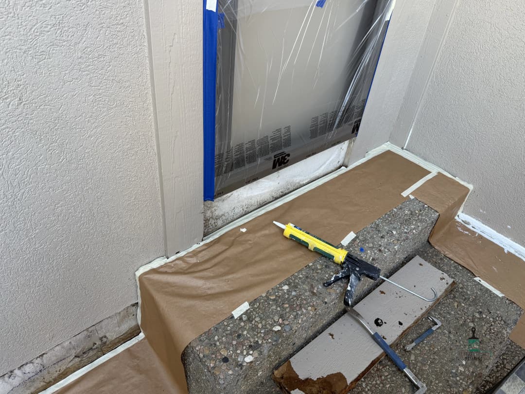 Caulking tools and protective coverings on steps for home renovation project.