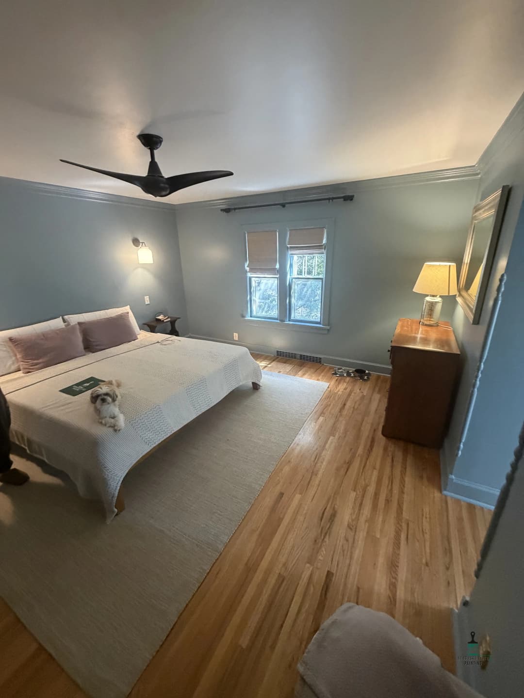 Cozy bedroom with blue walls, a bed, and a small dog beside a bedside table and lamp.
