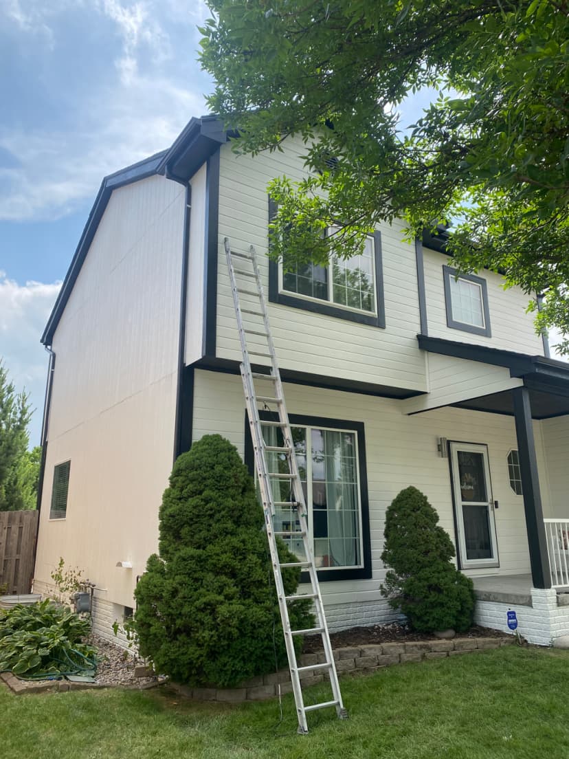 Ladder leaning against a house, showcasing exterior renovations and landscaping.