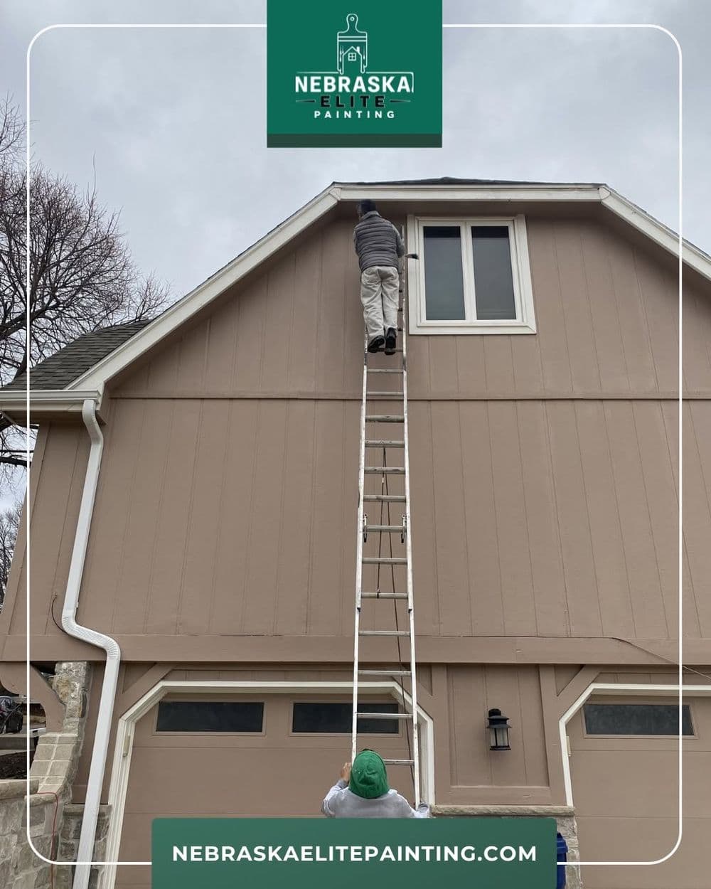 Professional painter on a ladder working on a home's exterior, showcasing painting services.