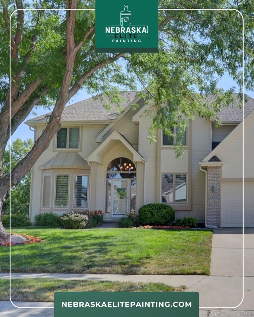 Exterior of a beautiful home with landscaping, showcasing Nebraska Elite Painting services.