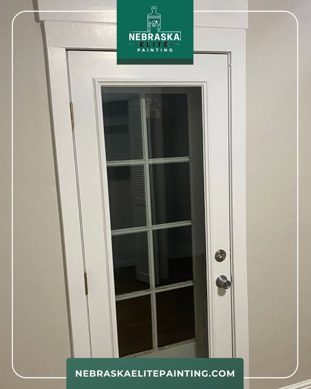 White interior door with glass panels, showcasing Nebraska Elite Painting quality.