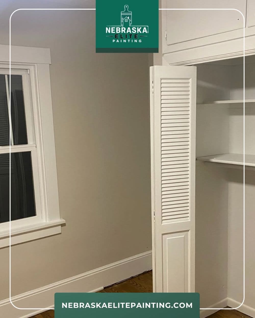 Interior room featuring freshly painted walls and a white closet, with a window for natural light.